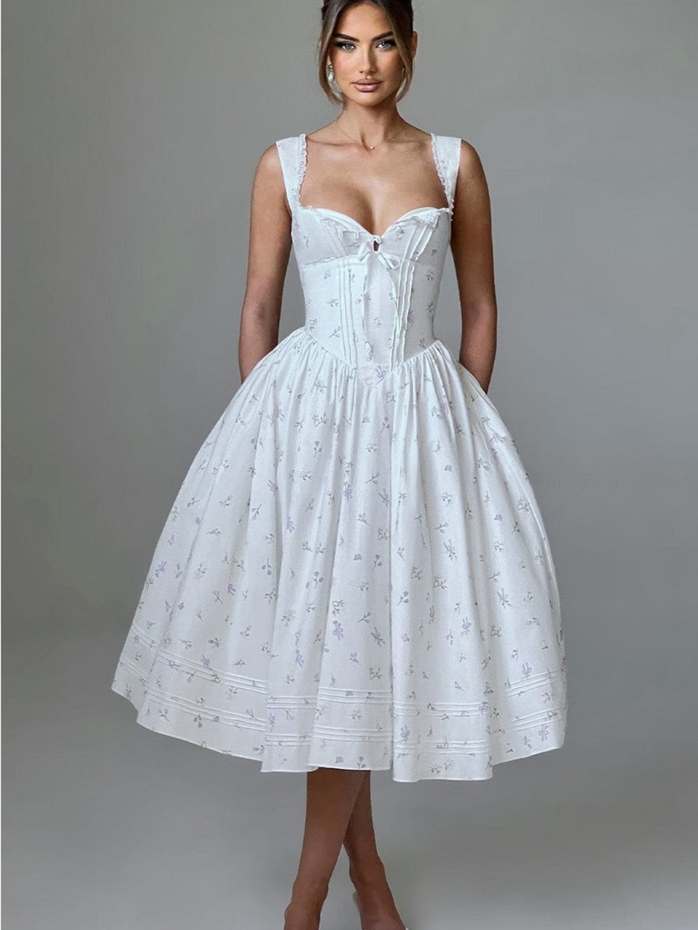 Marlena White Floral Midi Dress with Corset Bodice